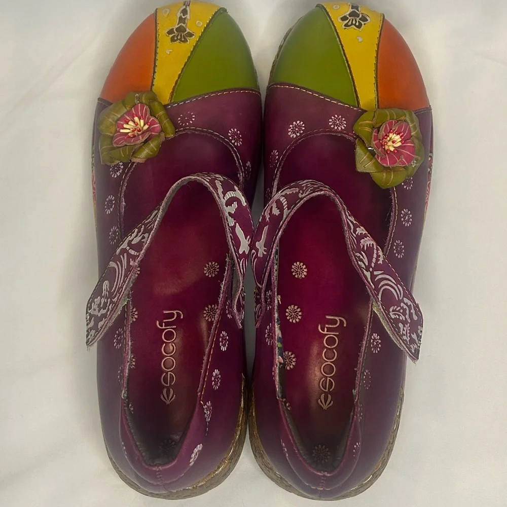 SOCOFY Leather Mary Jane Boho Platform Embossed Flower Ballet Shoes Women’s 10 - Picture 6 of 9